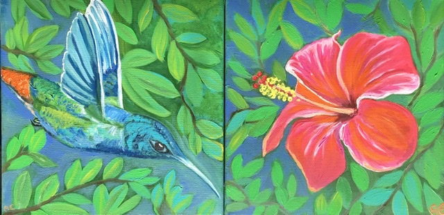 41FC40E4-CA8B-45A4-A015-2B613ED5A5D9 Exotic Hibiskus Kolibri painting - original and print