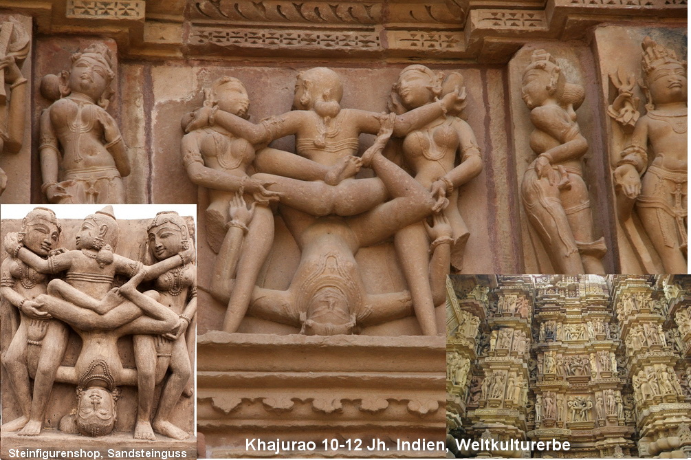 Hochrelief-vom-Kamasutra-Tempel-in-Khajuraho-IndienORIGINAL Akt Mann und Frau