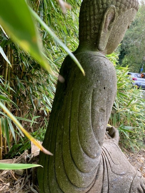 Buddha-hinten Sitzender japanischer Buddha aus Basanit - ca. 110cm