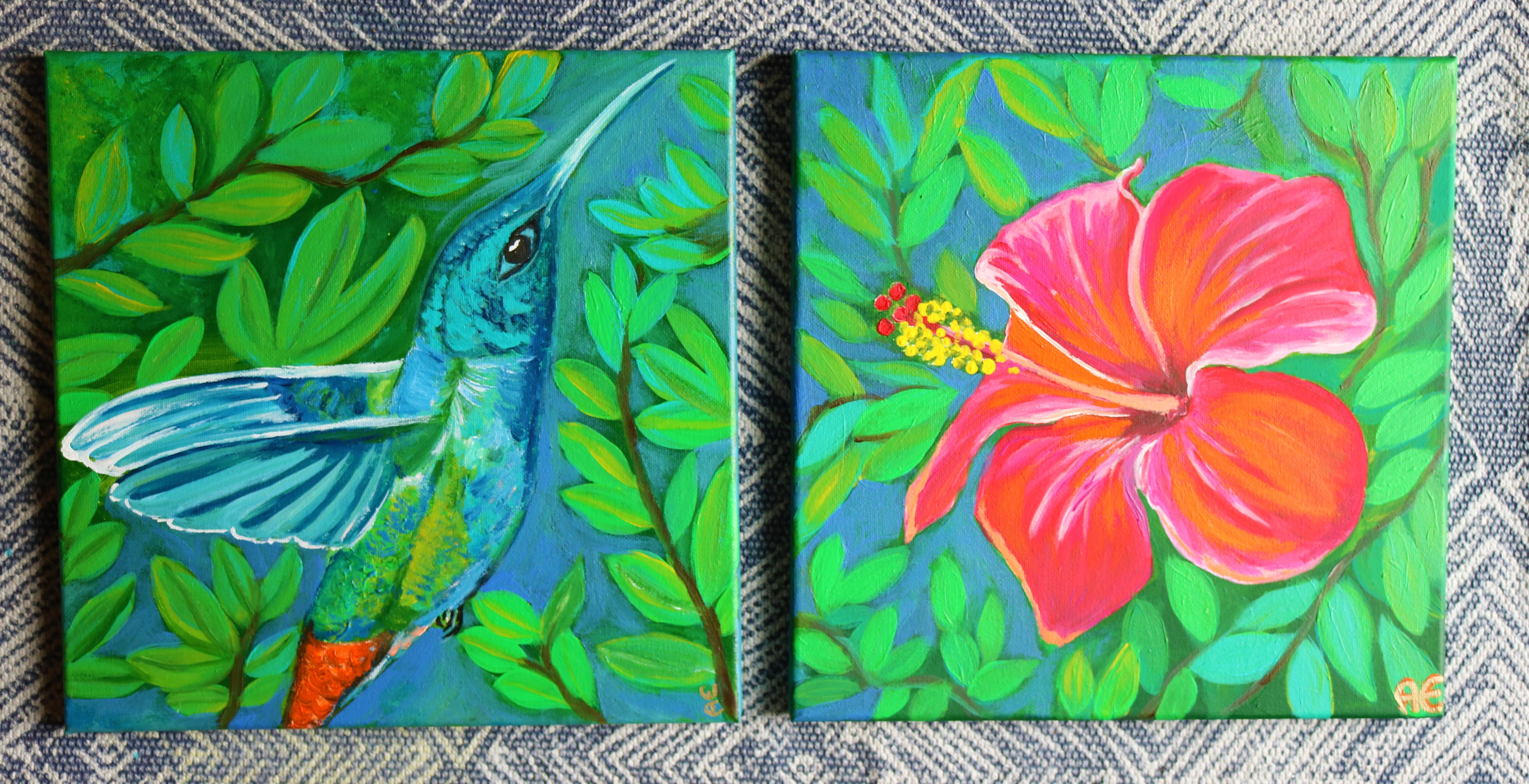 diptych Exotic Hibiskus Kolibri painting - original and print