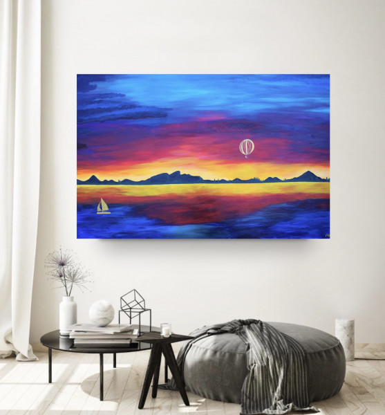 Sunset by the lake painting - Original and print